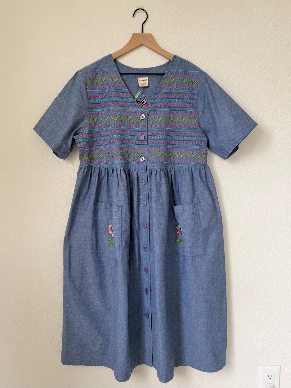 Bechamel Denim Midi Dress with Embroidery Button Front Vintage Size Medium